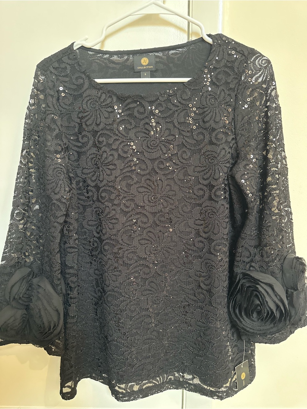 JM Collection Black Lace Sequin Top with Floral Pattern